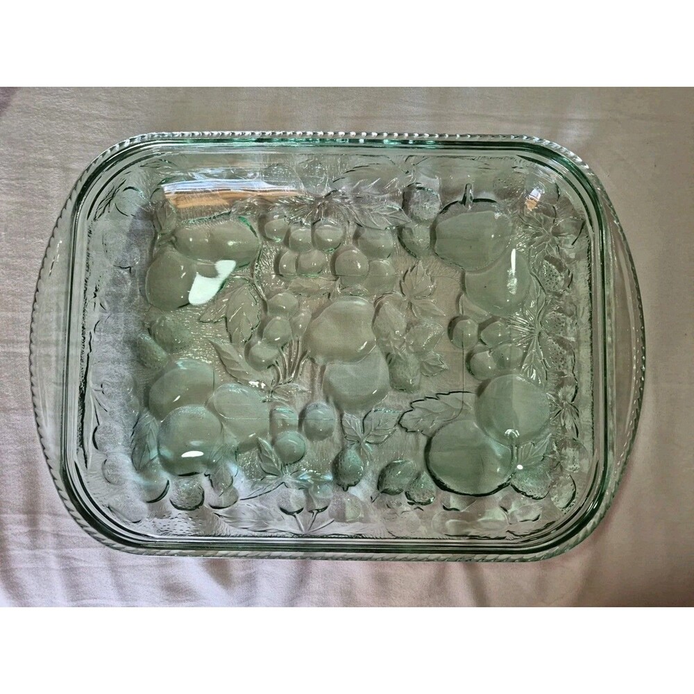 Vintage Libbey Orchard Fruit Green Glass Casserole Oven Proof Baking Dish 9”x13”